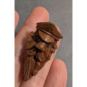 Hand Carved Wood Sea Captain Lapel Pin Signed by Artist J-ME OOAK 1.25 in